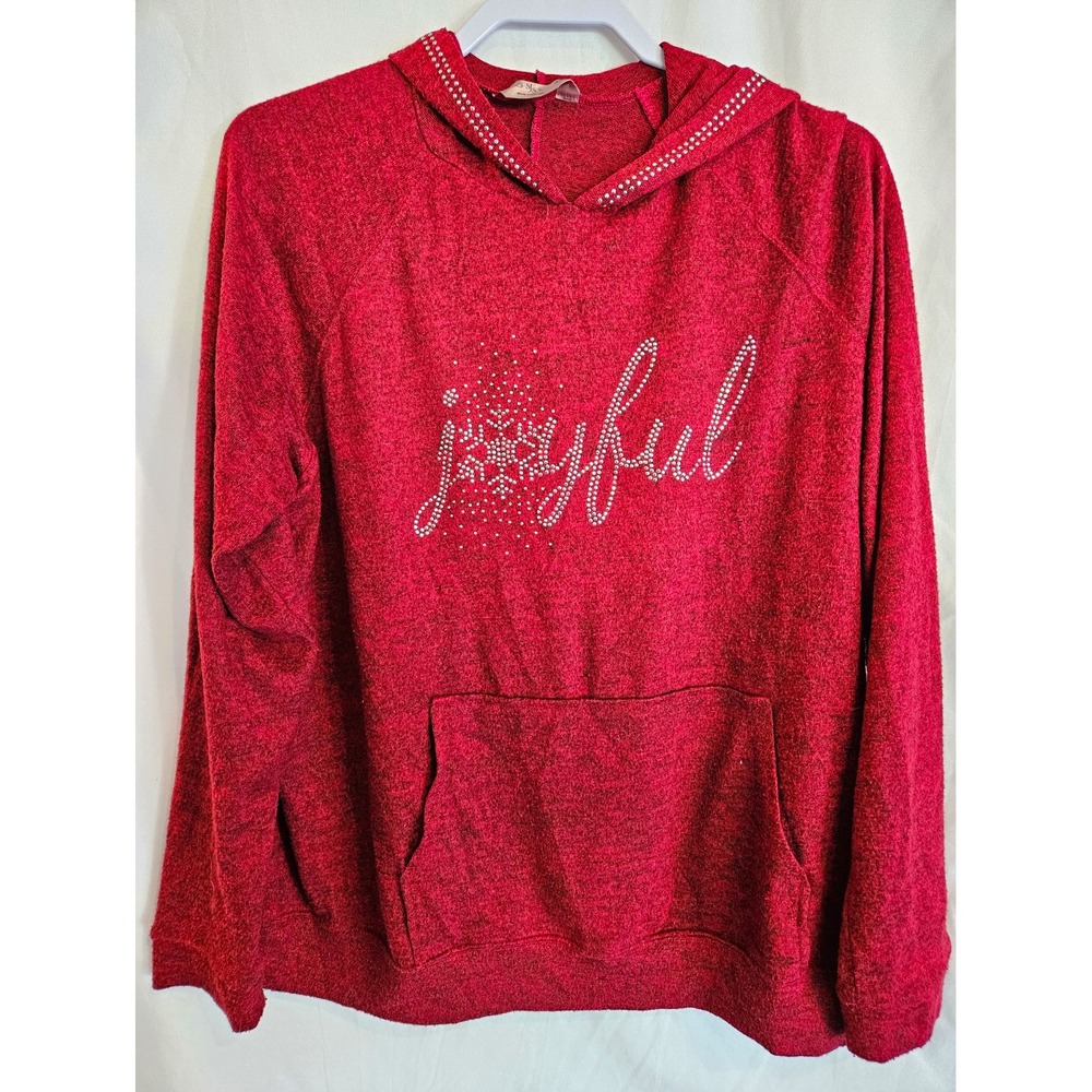 SJS Womens Plus 3X Red Pullover Hoodie Rhinestone Joyful Graphic Pockets